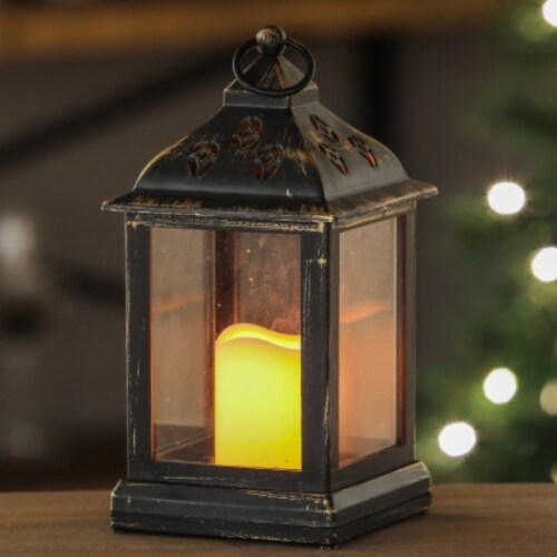 Luxen Home Black with Antique Gold Finish Lantern with LED Candle Perspective: front