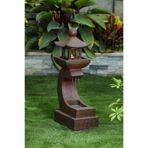 Luxen Home Resin Asian Pagoda Fountain with LED Light Perspective: front