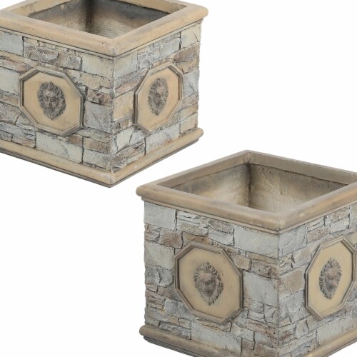 Luxen Home WHPL918 Square MgO Lion Emblem Planters, White - 2 Piece Perspective: front