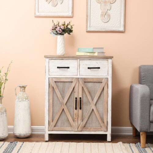 Distressed white barn store door cabinet