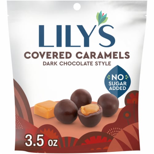 LILY'S Dark Chocolate Style No Sugar Added Covered Caramels Bag Perspective: front