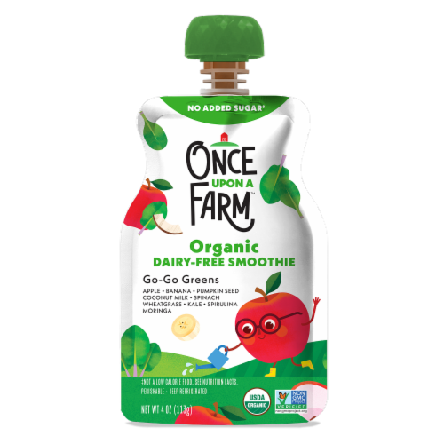 Once Upon a Farm Go-Go Greens Organic Apple Banana Spinach Dairy-Free Kids Smoothie Pouch Perspective: front