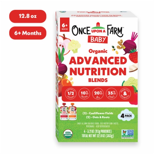 Once Upon a Farm Advanced Nutrition Cauliflower Fields & Oats and Roots Organic Multipack Baby Food Perspective: front