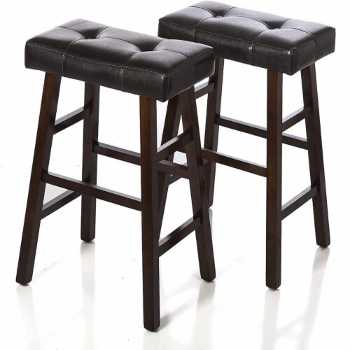 Set Of 2 Dark Espresso Wood Counter Height Stools Bonded Faux Leather 
