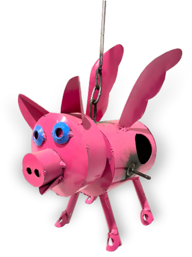 Blue Orange Flying Pig Bird House Perspective: front