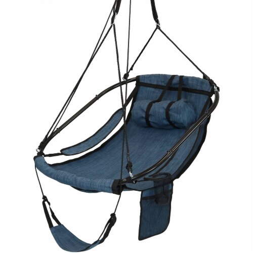 Hanging Hammock Camping Chair Swing w/Armrest - Drink Holder and Footrest - Blue Perspective: front