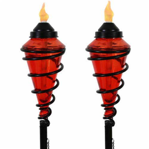 2-Pack Patio Torches Metal Swirl Red Glass Outdoor Lawn Garden Tabletop Decor Perspective: front