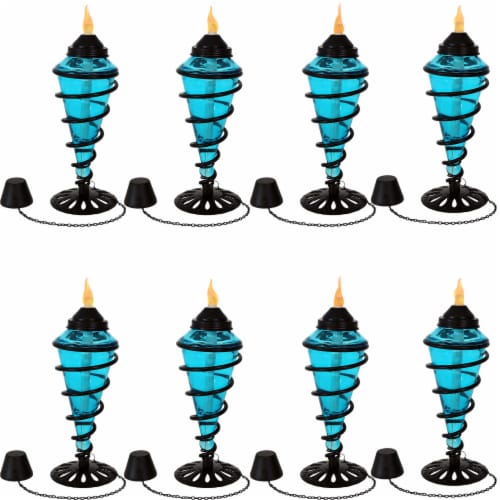 8-Pack Patio Torches Metal Swirl Blue Glass Outdoor Lawn Garden Tabletop Decor Perspective: front