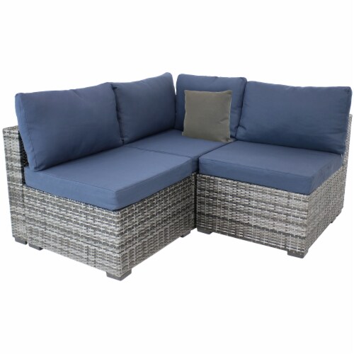 Sunnydaze Rosslare Corner Sectional Patio Sofa Gray Rattan And Navy Cushions 1 Unit S Food 4 Less