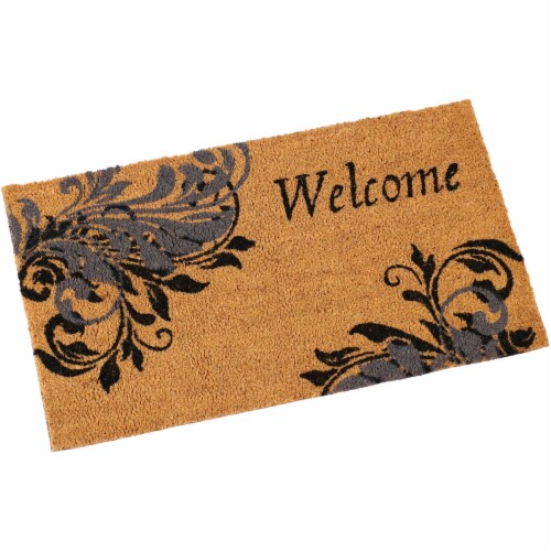 Sunnydaze 17-Inch x 29-Inch PVC and Coir Doormat - Blue Leaf Scroll Perspective: front