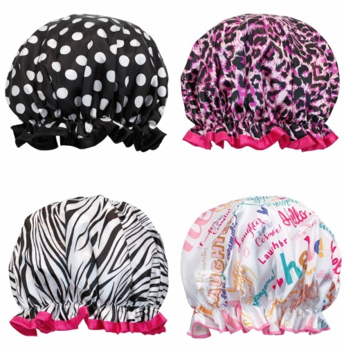 Wrapables Stylish Double Layer Waterproof Shower Caps (Set of 4), Animal Print & Dots Perspective: front