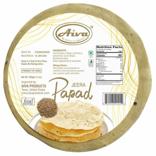 Aiva Pappadums (Indian Lentil Wafer Snack) Cumin Papad Perspective: front