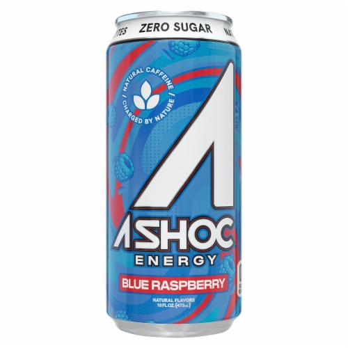 ASHOC Accelerator Blue Raspberry Energy Drink Can Perspective: front