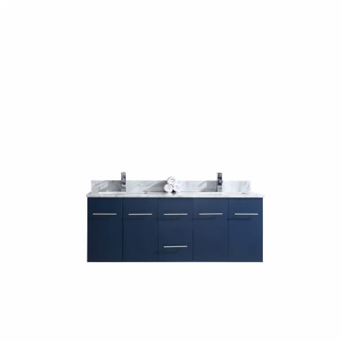 60" Navy Blue Double Vanity, White Carrara Marble Top, White Square Sinks and 60" LED Mirror Perspective: front