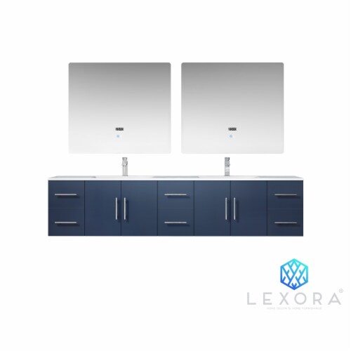 84" Navy Blue Double Vanity, White Carrara Marble Top, White Square Sinks and 36" LED Mirrors Perspective: front