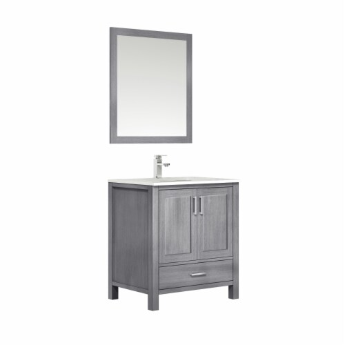 30" Distressed Grey Single Vanity, White Marble Top, White Square Sink & 28" Mirror w/ Faucet Perspective: front