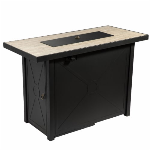 Peaktop Outdoor Rectangular Propane Ceramic Gas Fire Pit with Steel Base, Black/Stone Perspective: front