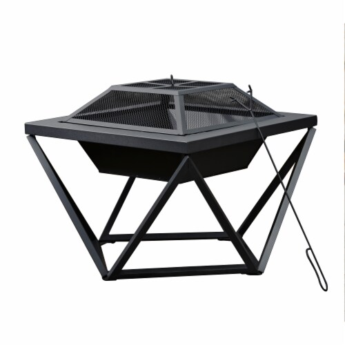 Peaktop Outdoor 24 Wood Burning Fire Pit with Tabletop and Decorative Geometric Base, Black Perspective: front