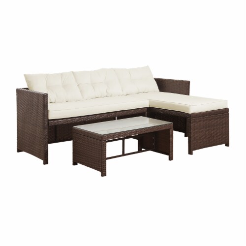 Peaktop Outdoor 3 Piece Rattan Patio Sectional Sofa Set with