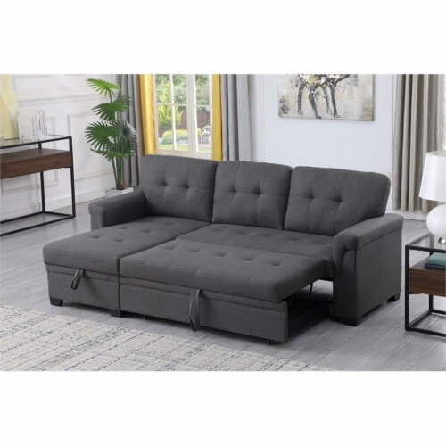 Lilola home lucca gray linen reversible cheap sleeper sectional sofa with storage chaise