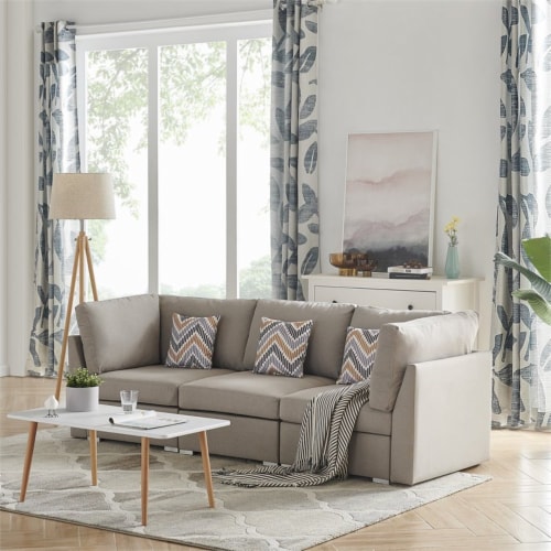Grey couch with beige pillows deals