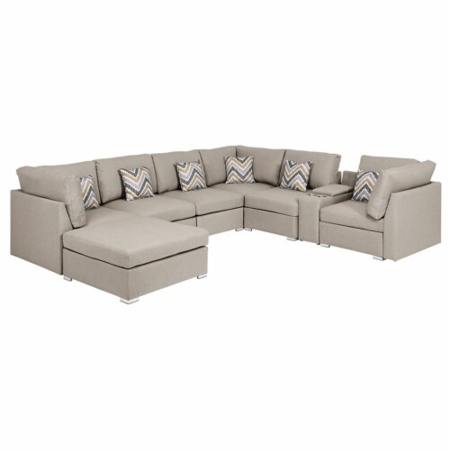 Amira Beige Fabric Reversible Modular Sectional Sofa with USB