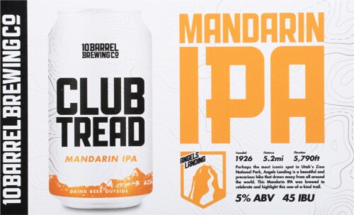 10 Barrel Brewing Club Tread Mandarin IPA Beer Perspective: front