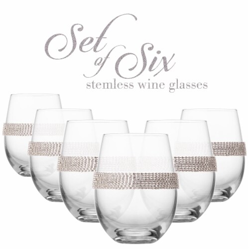 Aisle26 Stemless Wine Glasses with Silver Rhinestone Design, Set of 6 Perspective: front