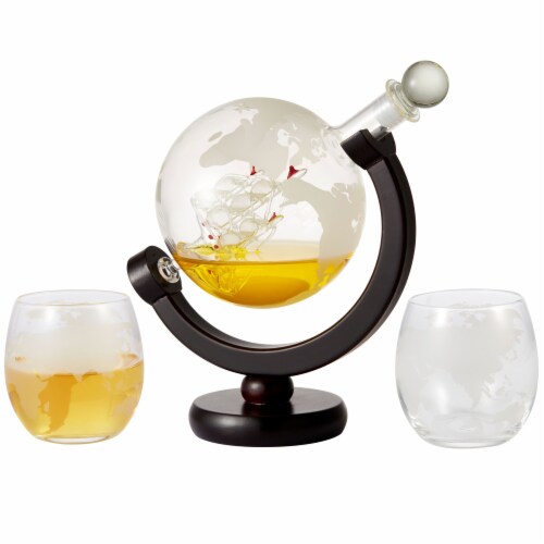 Aisle26 Globe Etched Whiskey Decanter With Interior Hand-Crafted Glass ...