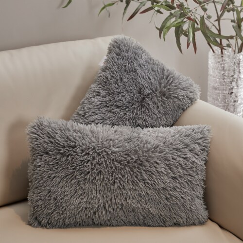  Cheer Collection Set of 2 Shaggy Long Hair Throw Pillows -  Super Soft Faux Fur Pillows for Sofa & Bed - Machine Washable - 18 x 18 -  Gray : Home & Kitchen