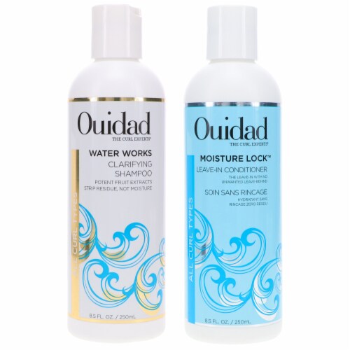 Ouidad Water Works Clarifying Shampoo 8.5 oz & Moisture Lock Leave-In Conditioner 8.5 oz Comb Perspective: front