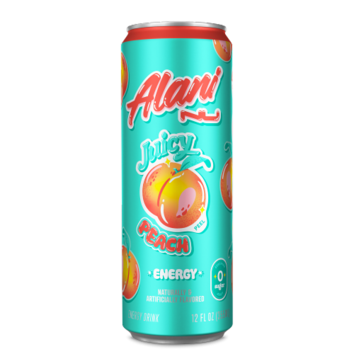 Alani Nu Juicy Peach Energy Drink Can Perspective: front