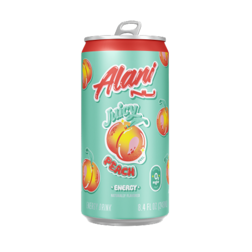 Alani Nu Zero Sugar Juicy Peach Energy Drink Can Perspective: front