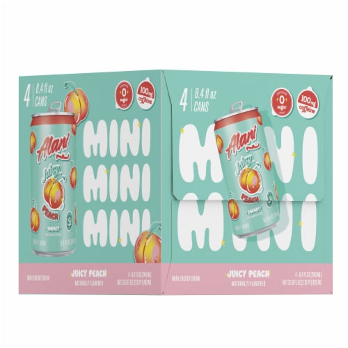 Alani NU Juicy Peach Zero Sugar Mini Energy Drink Cans Perspective: front