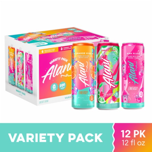 Alani Orange Kiss Cherry Twist Pink Slush Variety Pack Energy Drink Cans Perspective: front