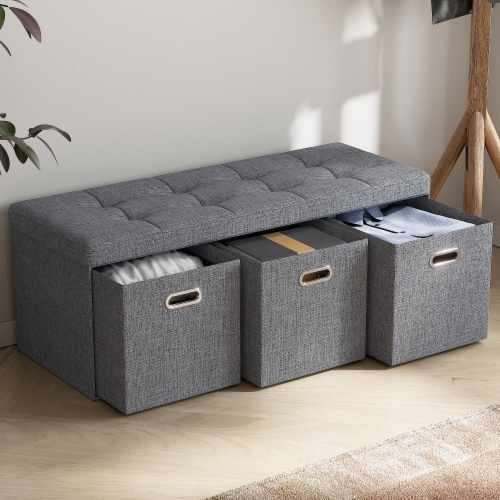 Foldable Tufted Linen Long Bench Storage Ottoman with 3 Drawers 40 L x 15 W x 15 H Gerbes Super Markets