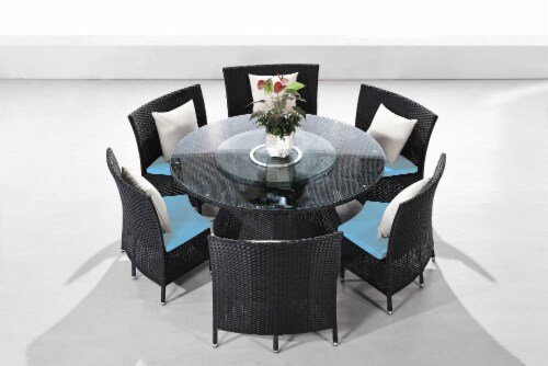 Nightingdale Black 7-Piece Rattan Outdoor Dining Set with Sky Blue and