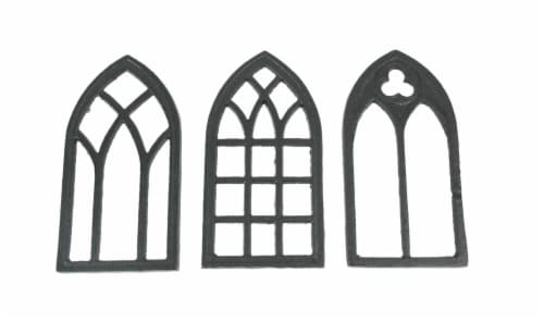 Set of 3 Black Cast Iron Gothic Cathedral Window Design Kitchen Trivets Perspective: front