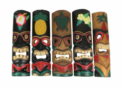 WorldBazzar 20 Inch Large Set Of 5 Polynesian Hawaiian Tiki Style Wall Masks Green Brown White Pink Yellow Red