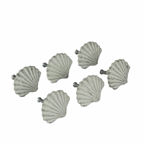 Set of 6 White Cast Iron Scallop Sea Shell Drawer Pulls Nautical Cabinet Knobs - White Perspective: front