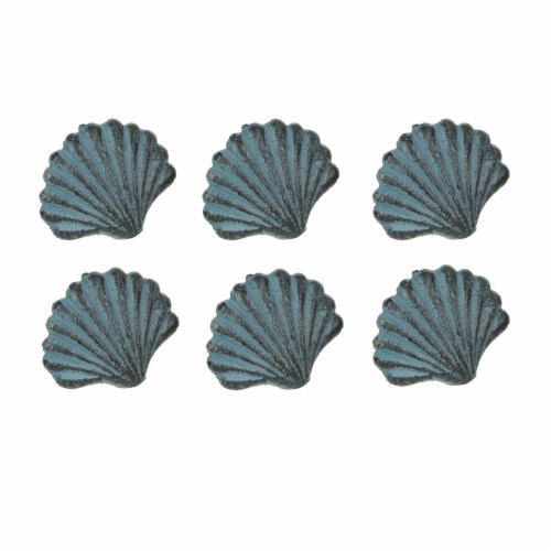 Set of 6 Blue Cast Iron Scallop Sea Shell Drawer Pulls Nautical Cabinet Knobs - Light Blue Perspective: front