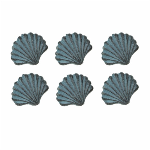 Set of 6 Blue Cast Iron Scallop Sea Shell Drawer Pulls Nautical Cabinet Knobs - Light Blue Perspective: front