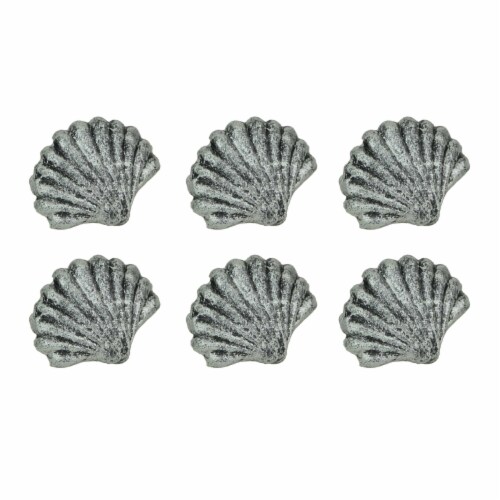 Set of 6 Silver Cast Iron Scallop Sea Shell Drawer Pulls Nautical Cabinet Knobs - Silver Perspective: front