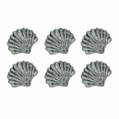 Set of 6 Silver Cast Iron Scallop Sea Shell Drawer Pulls Nautical Cabinet Knobs - Silver Perspective: front