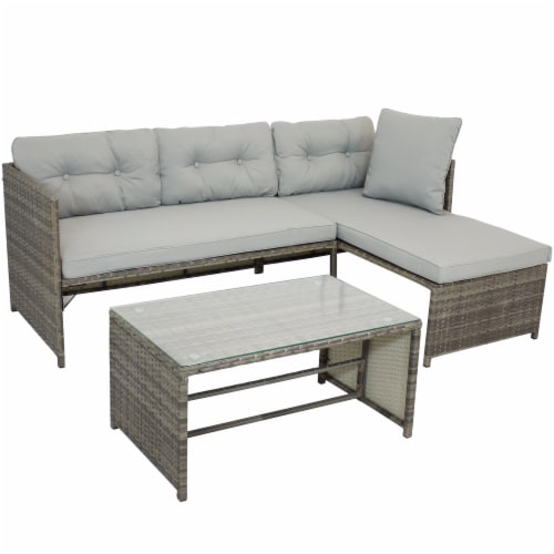Sunnydaze Longford Rattan Patio Low-Back Chaise Sectional Set - Stone Gray Perspective: front