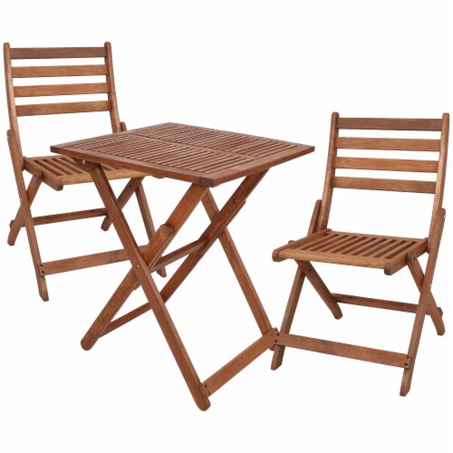 3Piece Patio Bistro Furniture Set Wooden Folding Outdoor Square Table