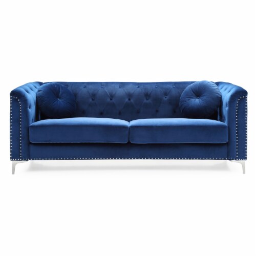 Pompano 83 In. Navy Blue Tufted Velvet Loveseat With 2Throw Pillow, 1