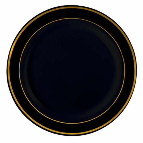7.5  Black with Gold Edge Rim Plastic Appetizer/Salad Plates (120 Plates) Perspective: front