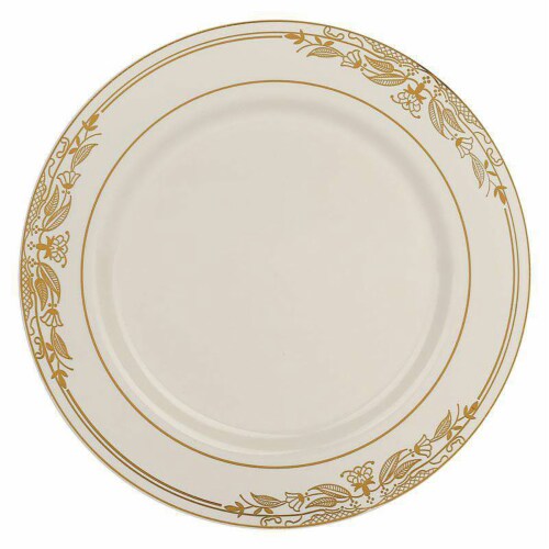 7.5  Ivory with Gold Harmony Rim Plastic Appetizer/Salad Plates (120 plates) Perspective: front