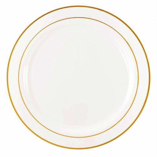 10.25  White with Gold Edge Rim Plastic Dinner Plates (120 Plates) Perspective: front
